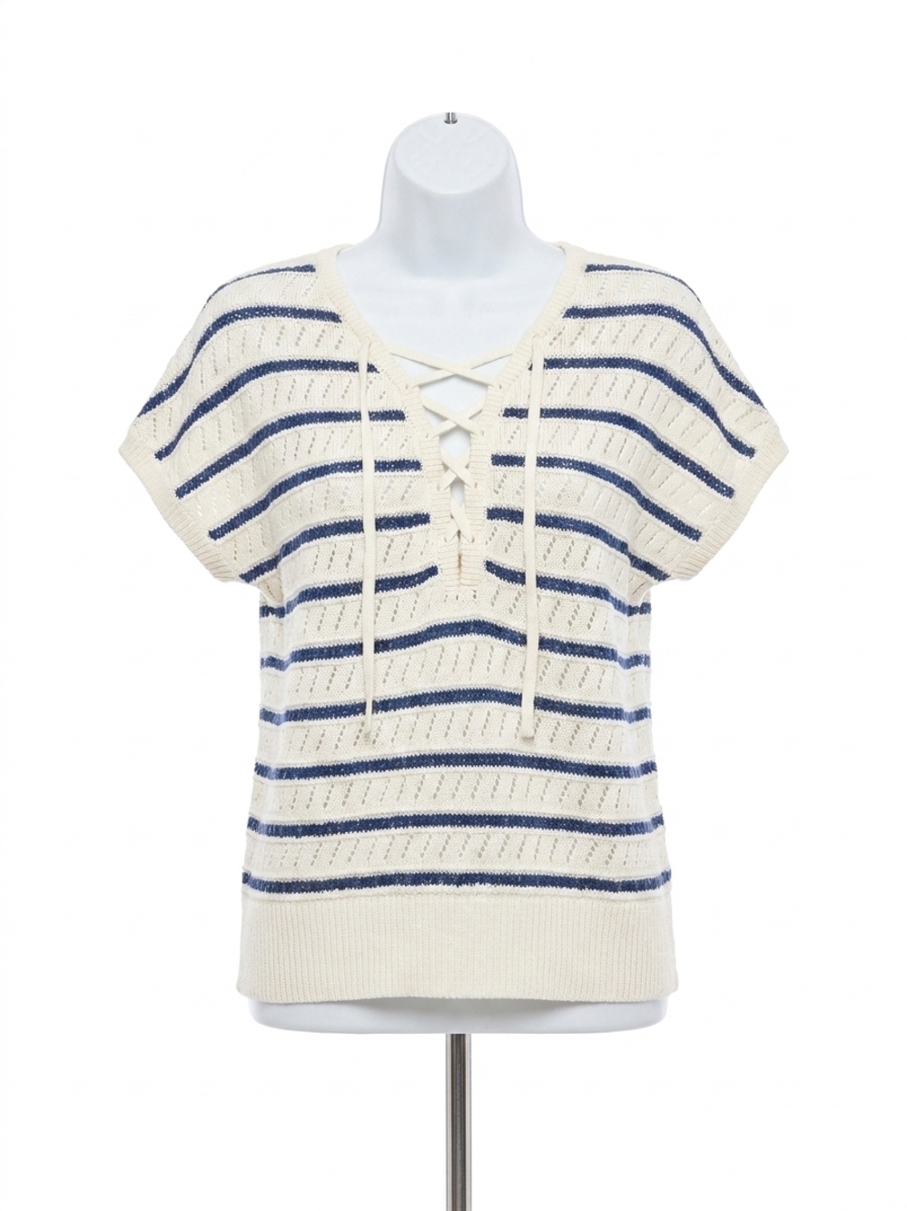NEW FIFTEEN TWENTY beth crochet stripe cap sleeve lace-up sweater in off white